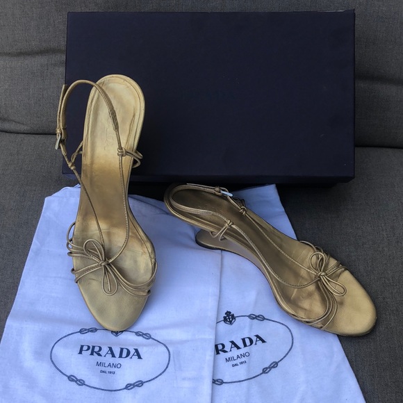 Prada Shoes - Prada Gold Wedge Sandals